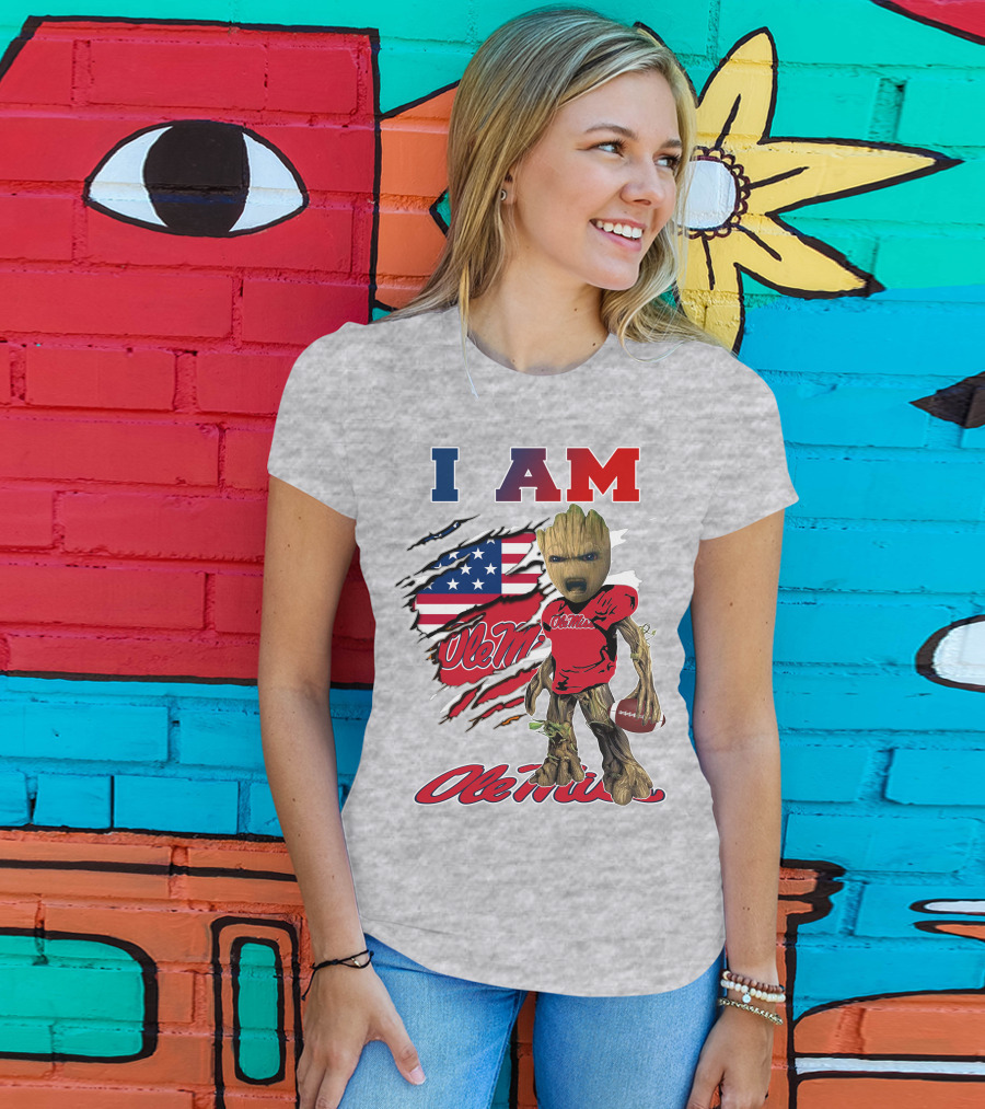 I Am Ole Miss Baby Groot Usa Flag Football T-Shirt