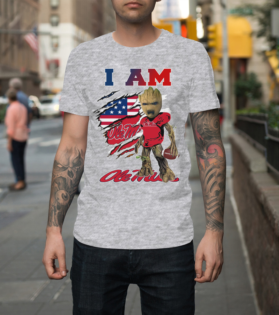 I Am Ole Miss Baby Groot Usa Flag Football T-Shirt