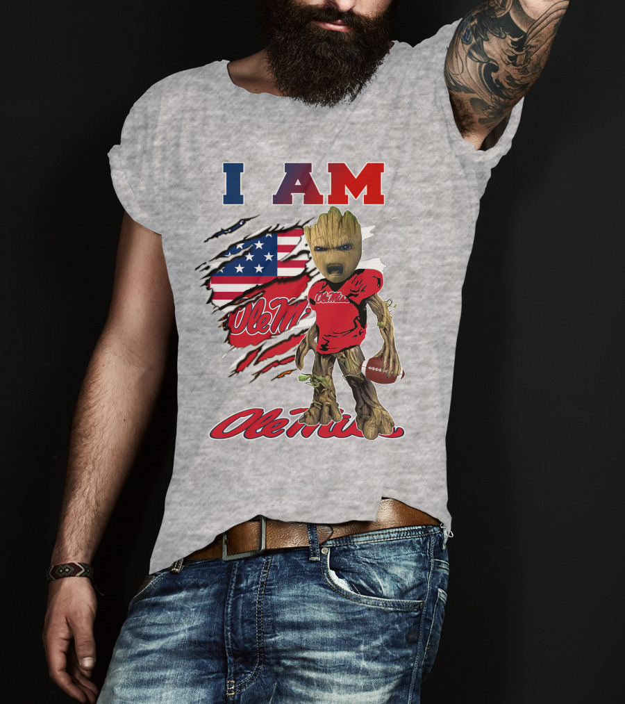 I Am Ole Miss Baby Groot Usa Flag Football T-Shirt