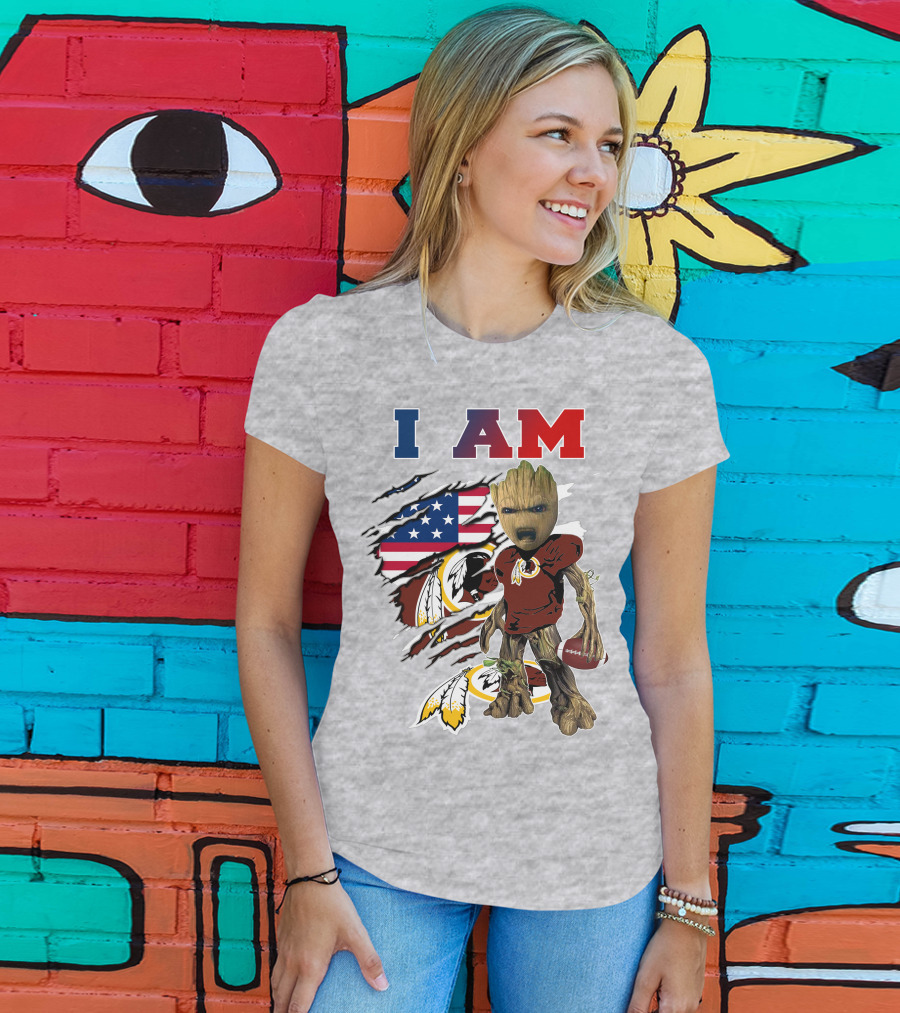I AM Redskin Baby Groot Football USA Flag T-Shirt