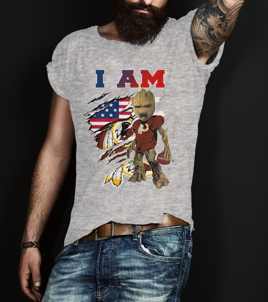 I AM Redskin Baby Groot Football USA Flag T-Shirt
