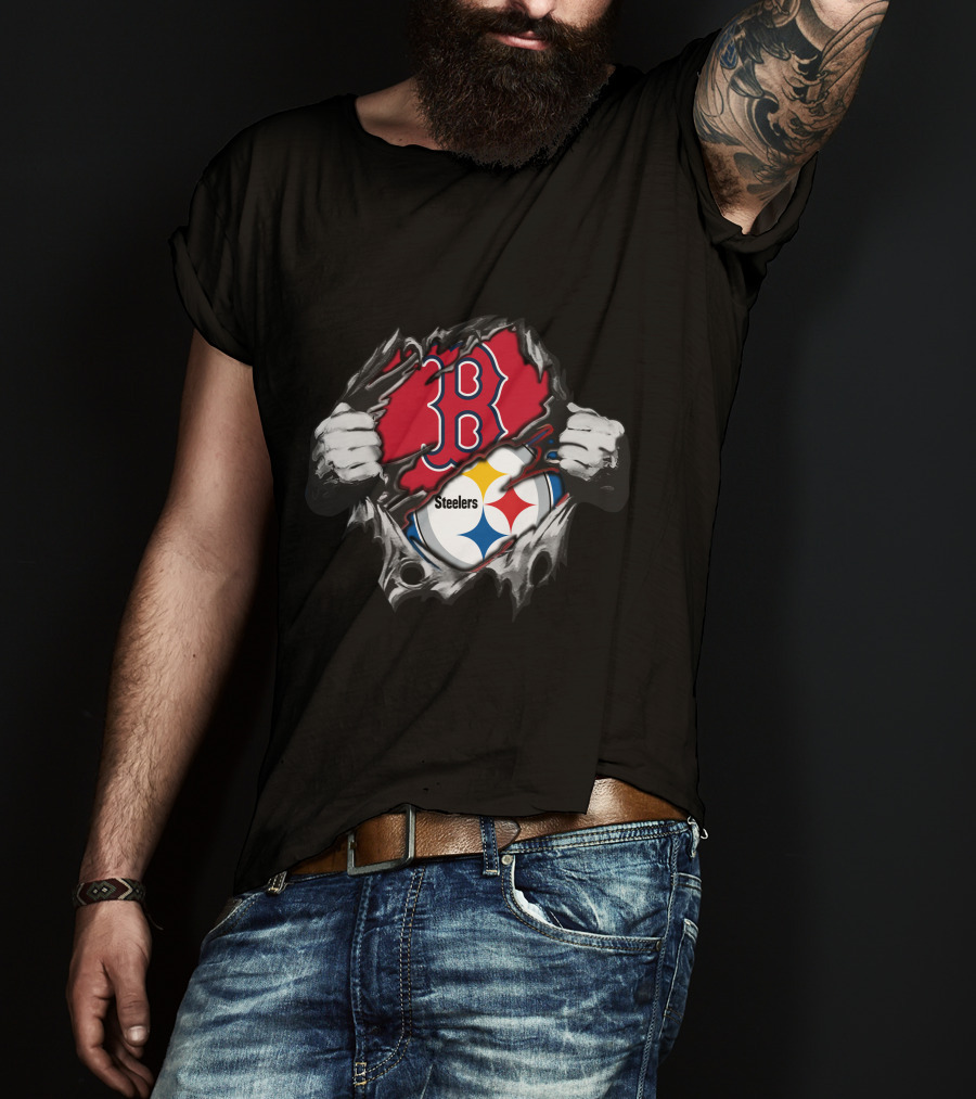 Steelers Red Sox Fusion Emblem With Torn Effect T-Shirt