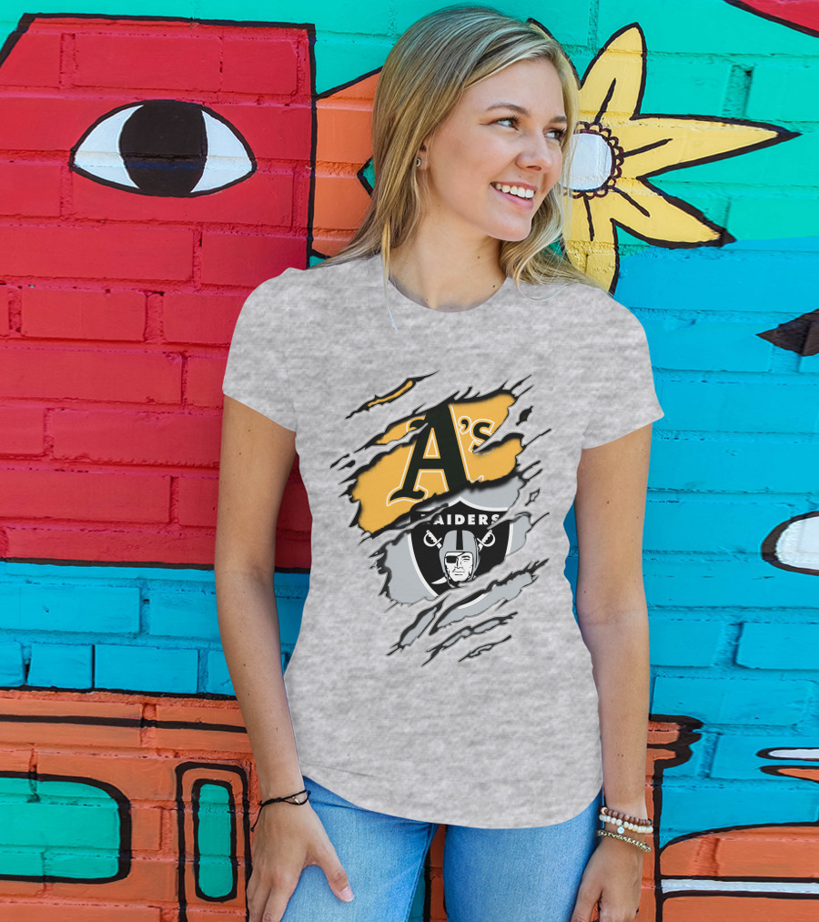 Oakland Athletics Raiders Dual Logo Torn Effect T-Shirt