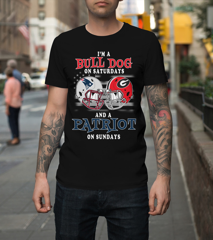 Bulldog On Saturdays And Patriot On Sundays Football Helmets Stars And Stripes T-Shirt