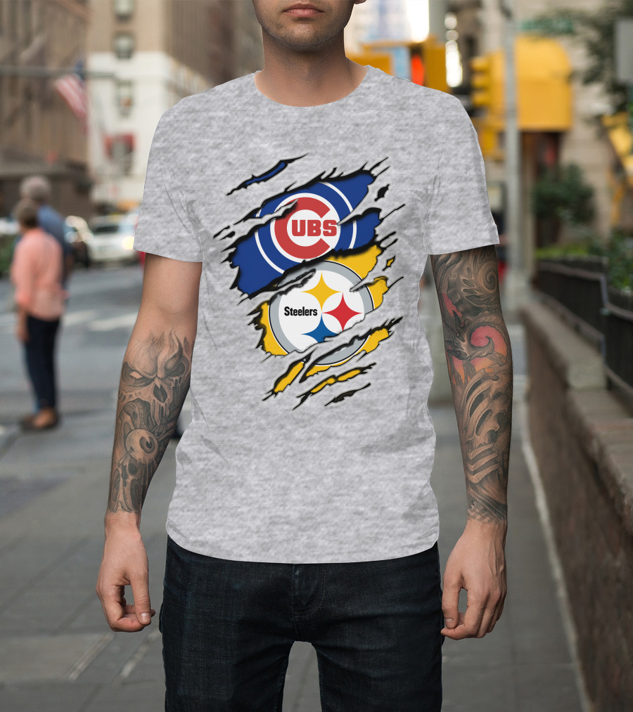 Steelers Cubs Logos With Torn Fabric T-Shirt