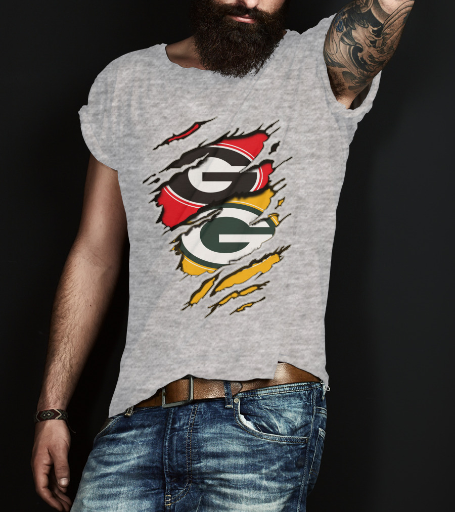 Green Bay Packers Georgia Bulldogs Dual Logo Rip Claw Marks T-Shirt