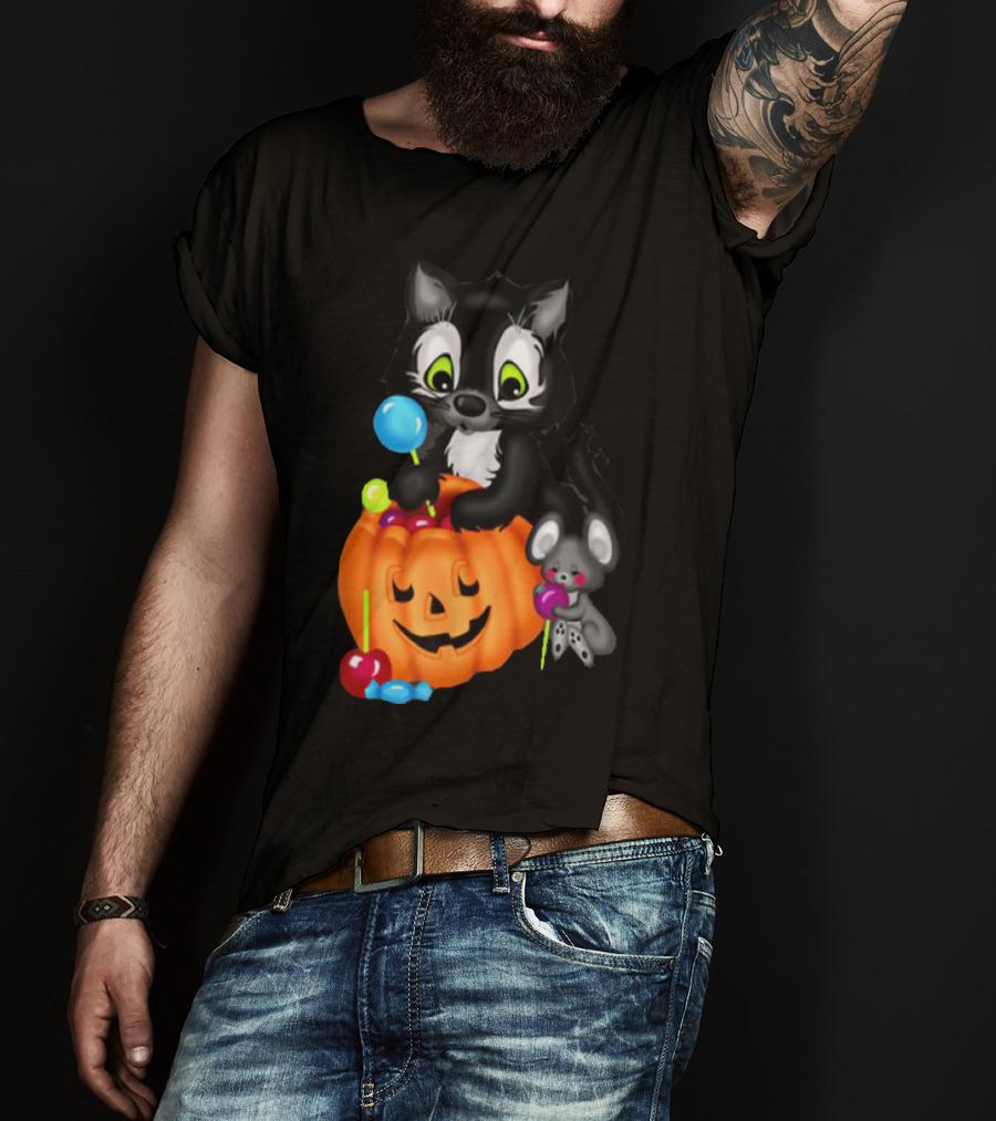 Halowen Cute Cat And Mouse With Candy And Pumpkin T-Shirt