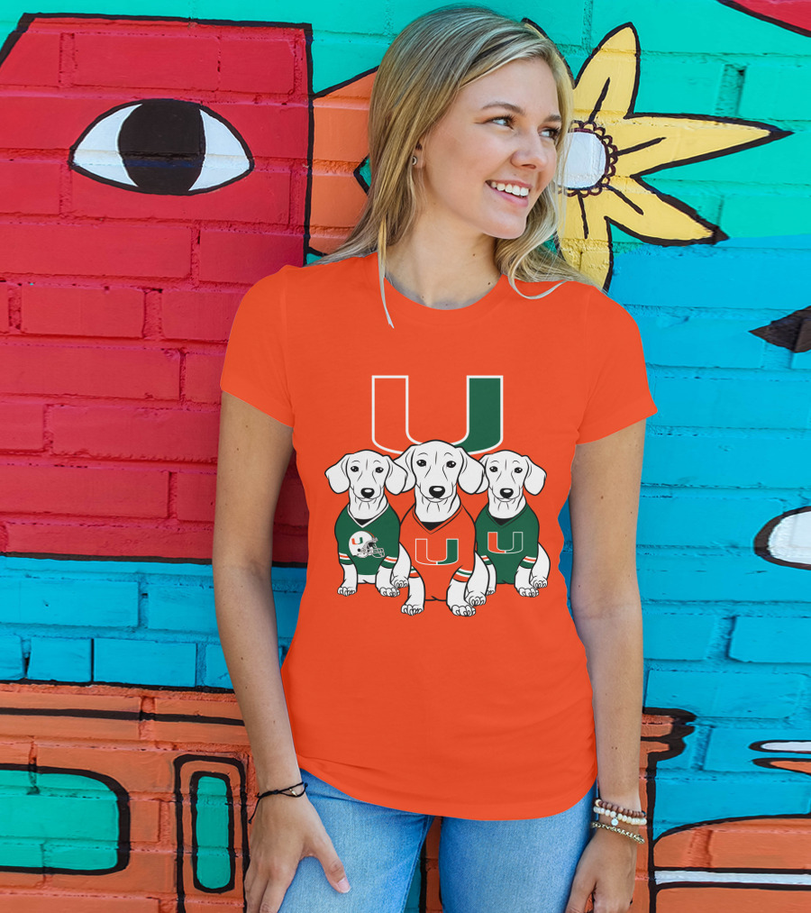 Miami Hurricanes U Logo With Dogs In Team Jerseys T-Shirt