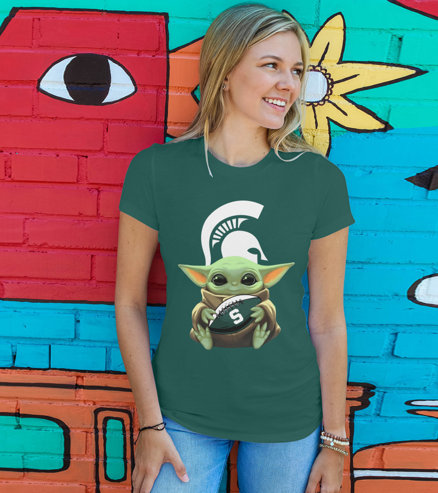 Baby Yoda Holding Football With Michigan State Spartans Helmet T-Shirt