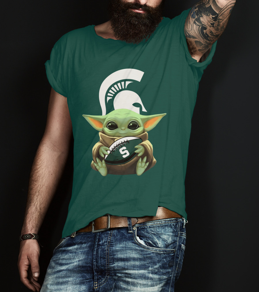 Baby Yoda Holding Football With Michigan State Spartans Helmet T-Shirt
