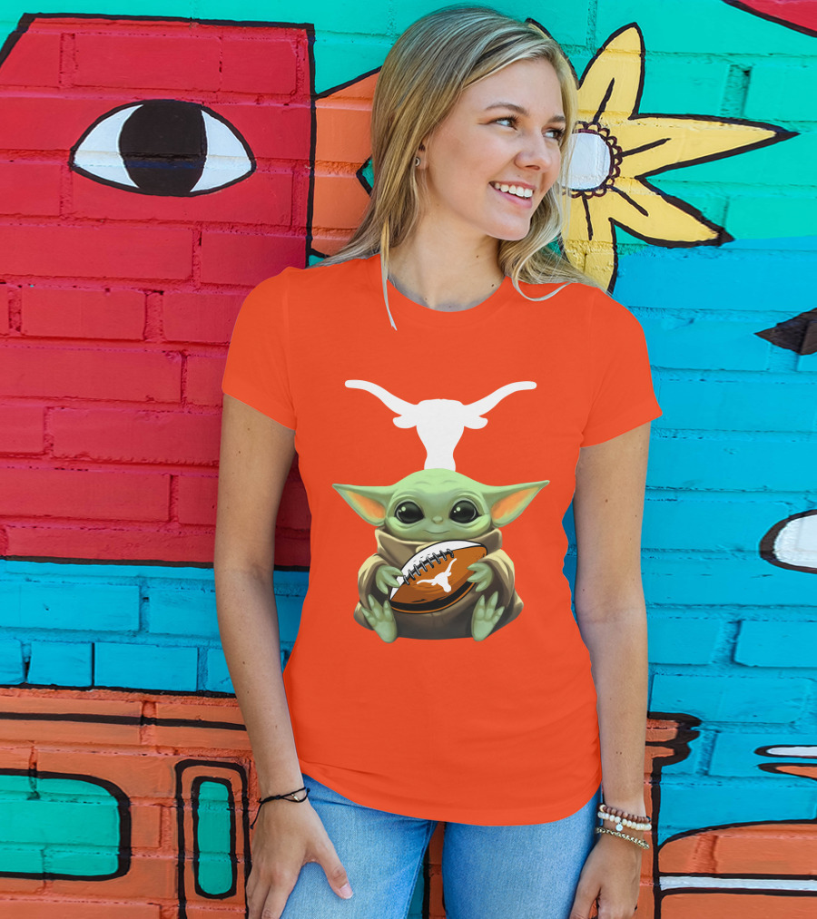Baby Yoda Longhorns Football Logo Orange Background T-Shirt
