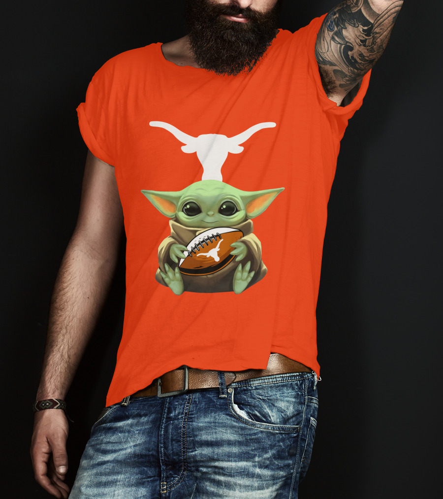 Baby Yoda Longhorns Football Logo Orange Background T-Shirt