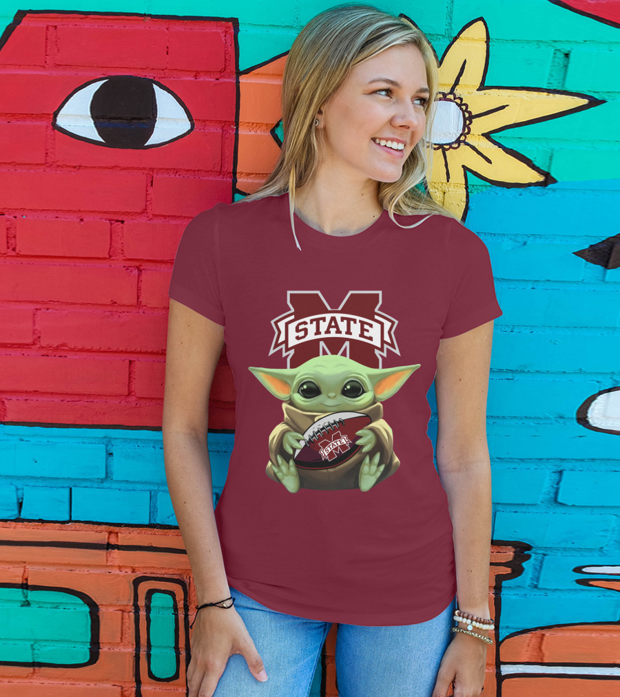 Baby Yoda Holding Mississippi State Bulldogs Football T-Shirt