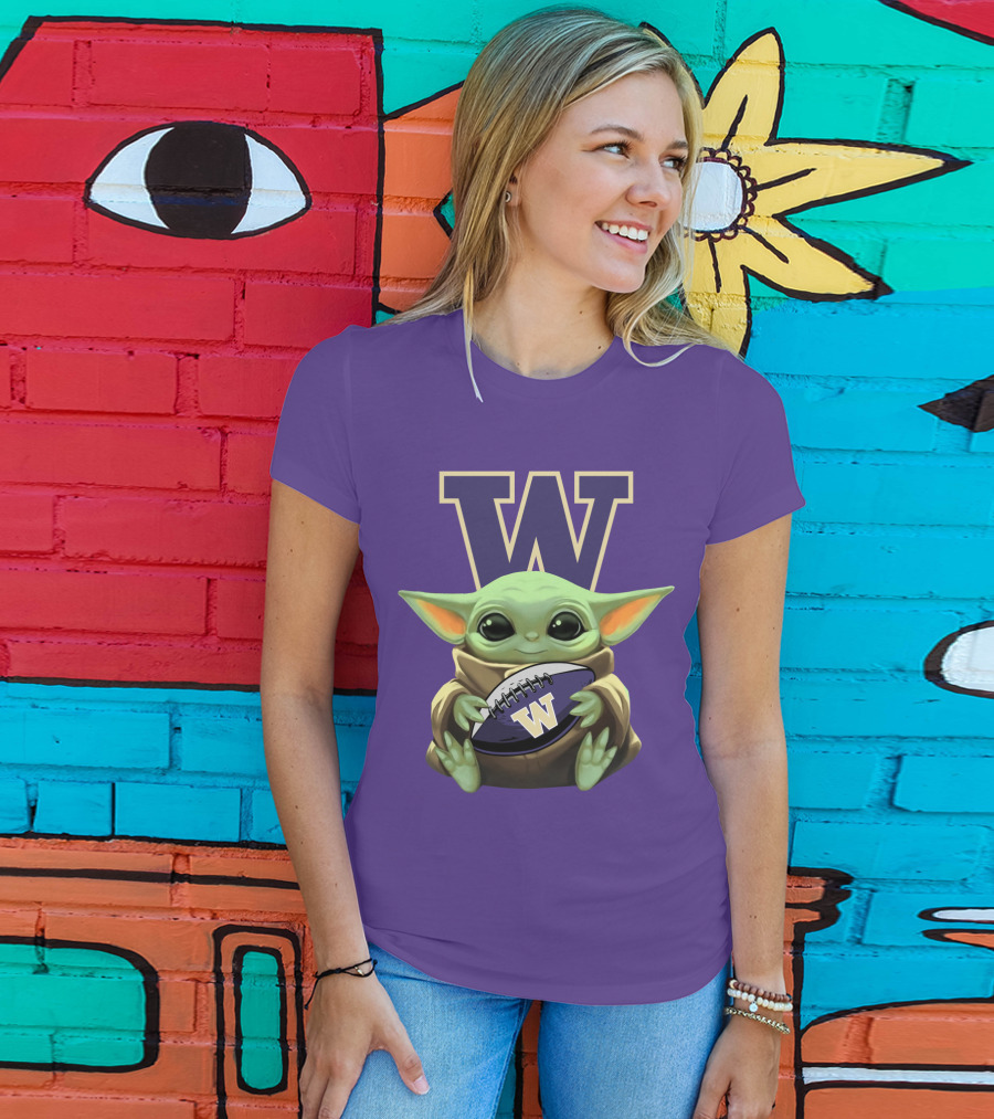 Baby Yoda Holding Washington Huskies Football W T-Shirt