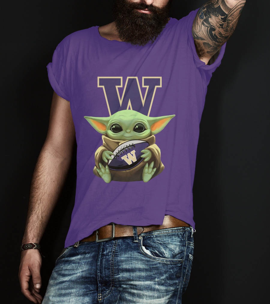 Baby Yoda Holding Washington Huskies Football W T-Shirt