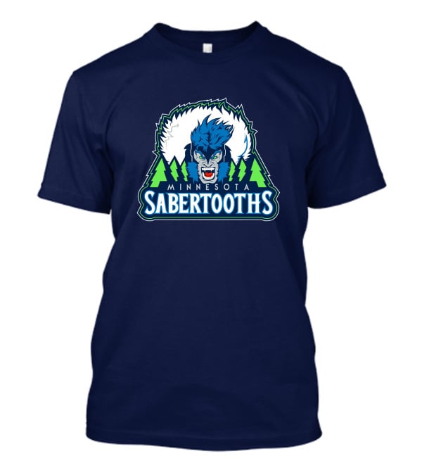 Minnesota Sabertooths NBA Logo With Blue Sabertooth And Green Pine Trees T-Shirt