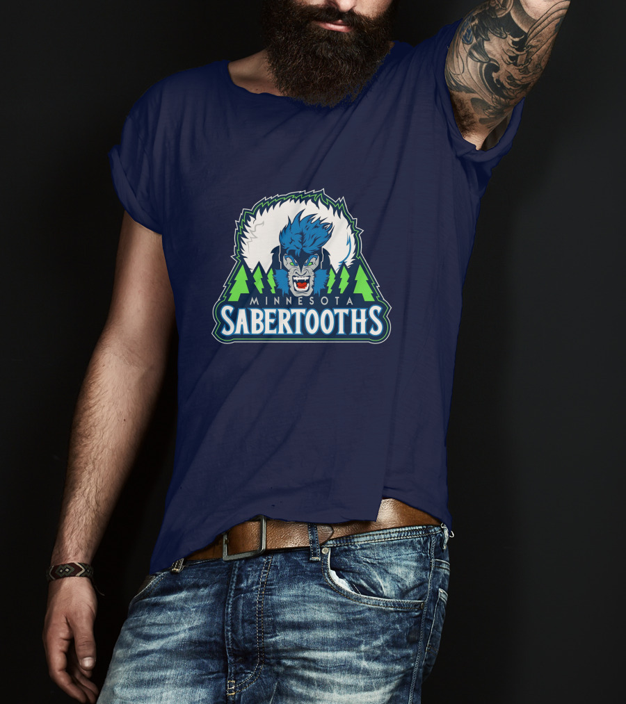 Minnesota Sabertooths NBA Logo With Blue Sabertooth And Green Pine Trees T-Shirt