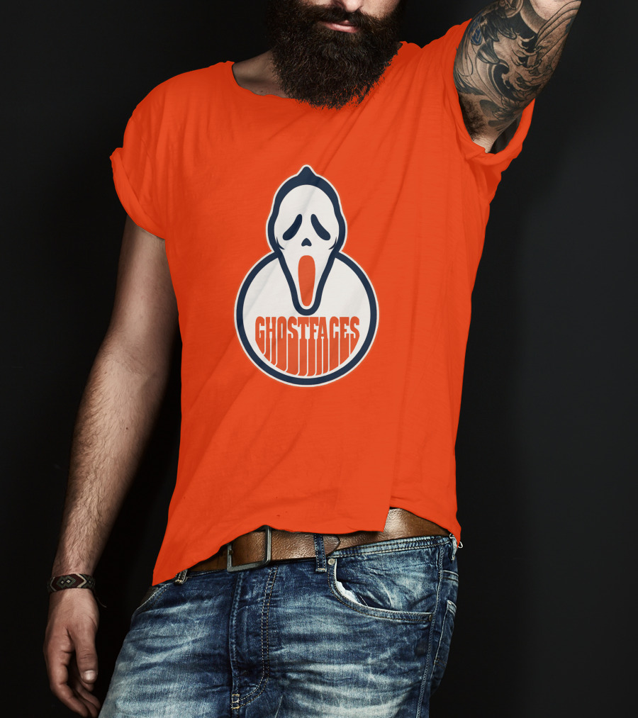 Edmonton Ghostfaces NHL Scream Parody Logo Orange Background T-Shirt