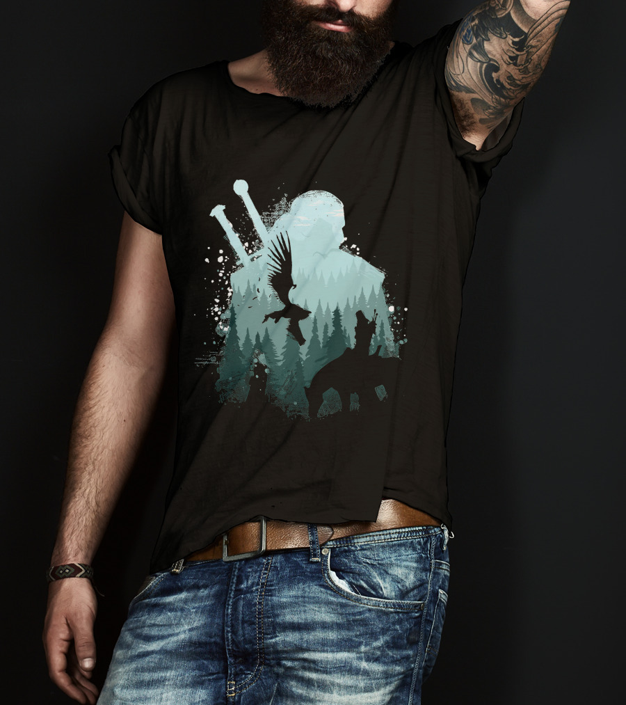 Wild Huntsman Silhouette With Swords Forest And Animals T-Shirt