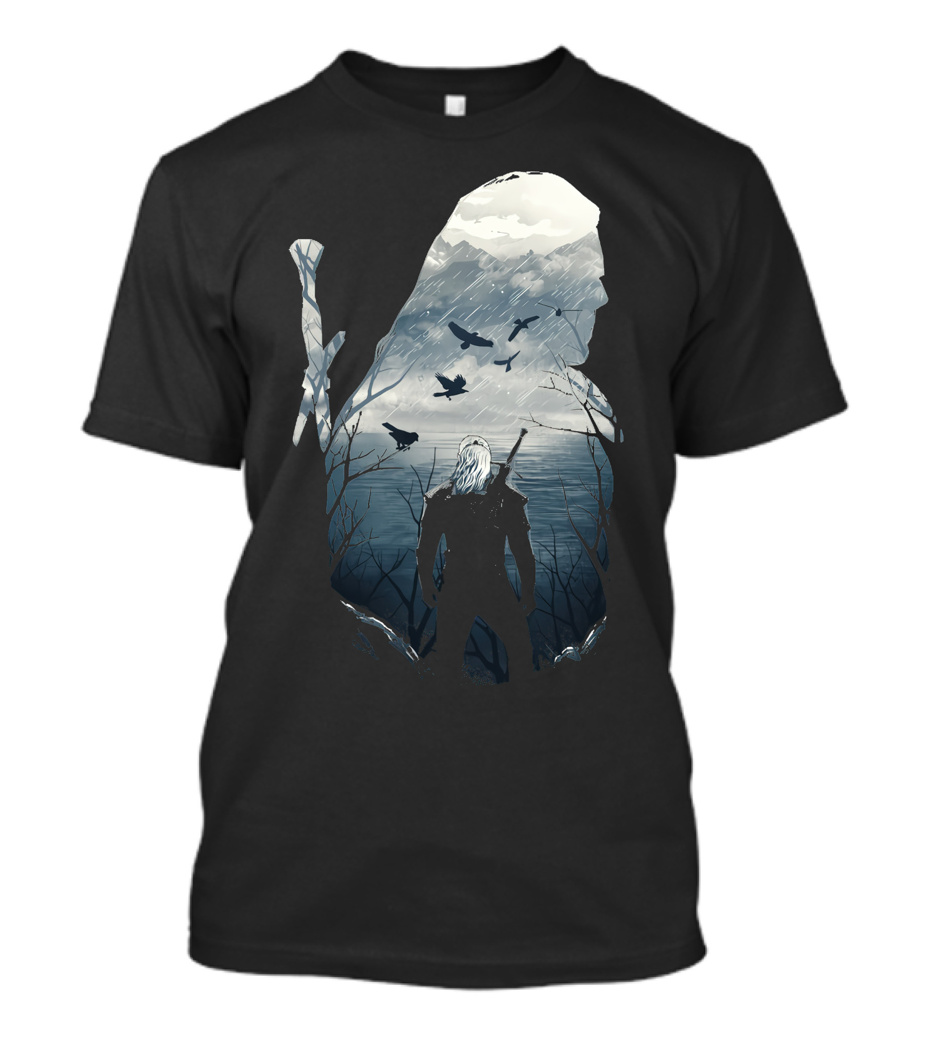 Wild Hunt Forest Geralt Silhouette With Mountains Ravens Sword T-Shirt