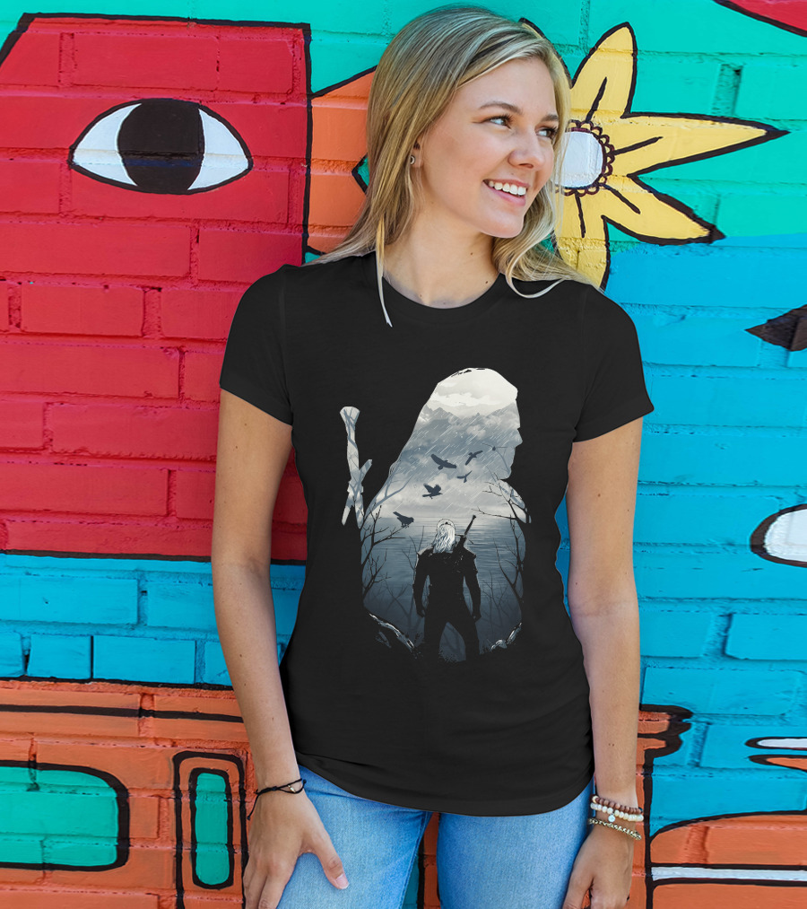 Wild Hunt Forest Geralt Silhouette With Mountains Ravens Sword T-Shirt