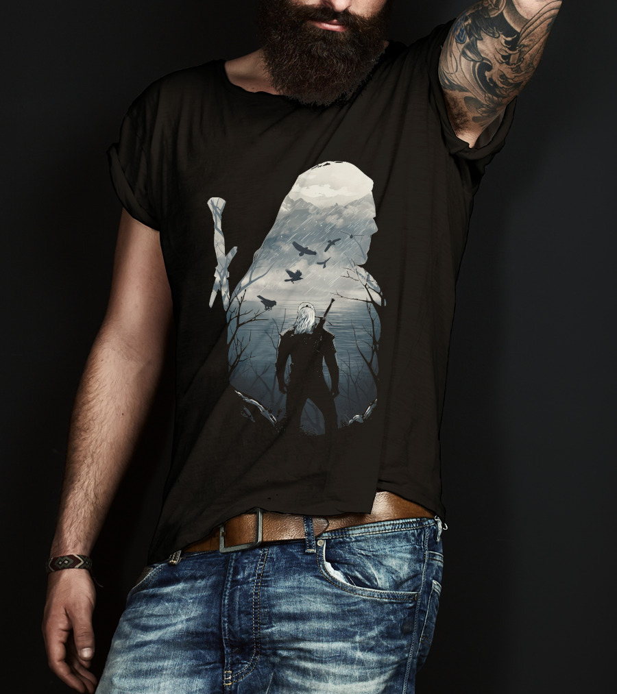 Wild Hunt Forest Geralt Silhouette With Mountains Ravens Sword T-Shirt