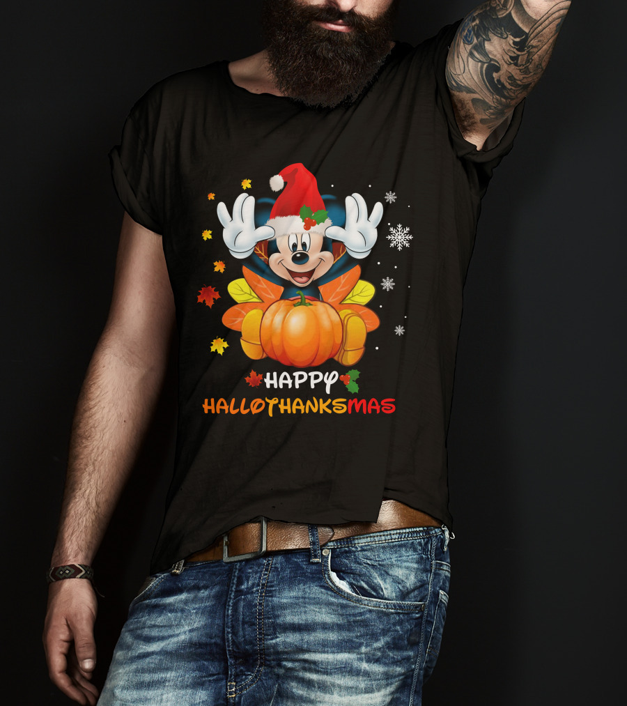Happy HalloThanksMas Mickey Pumpkin Leaves Snowflakes Santa Hat T-Shirt
