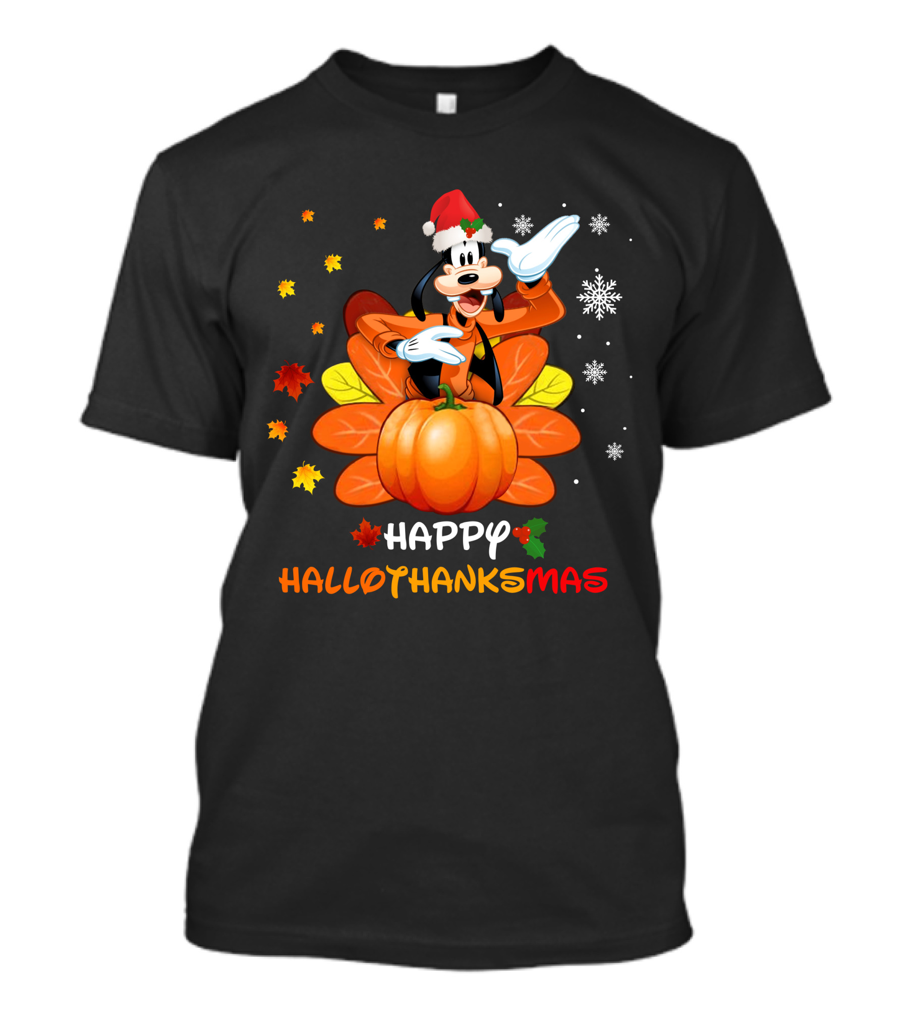 Happy Goofy HalloThanksMas Snowflakes Pumpkin Leaves Santa Hat T-Shirt