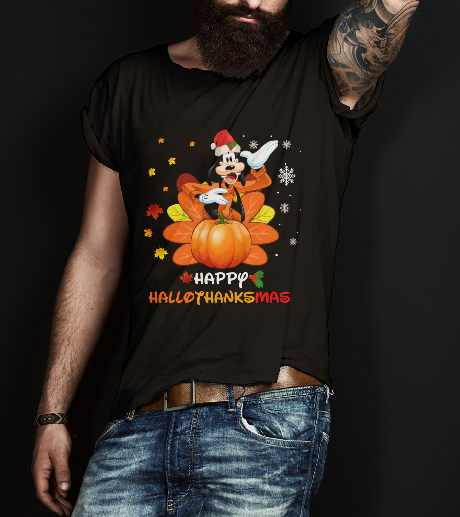 Happy Goofy HalloThanksMas Snowflakes Pumpkin Leaves Santa Hat T-Shirt