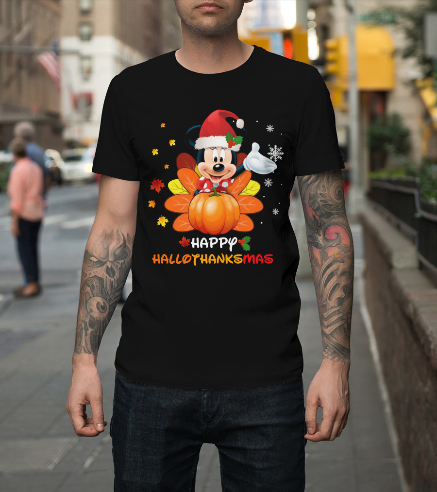 Happy Minnie HalloThanksMas Pumpkin Santa Hat Leaves Snowflakes T-Shirt