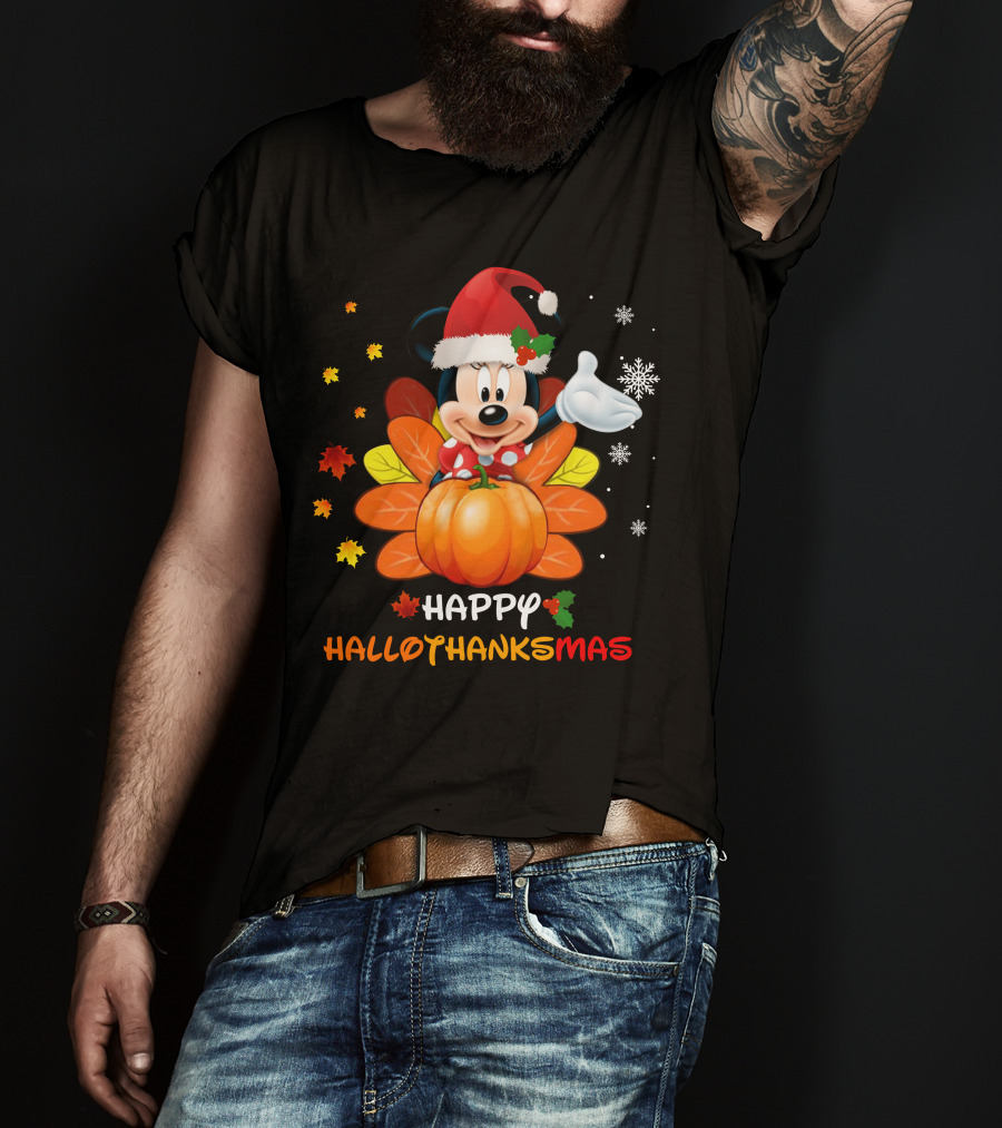 Happy Minnie HalloThanksMas Pumpkin Santa Hat Leaves Snowflakes T-Shirt