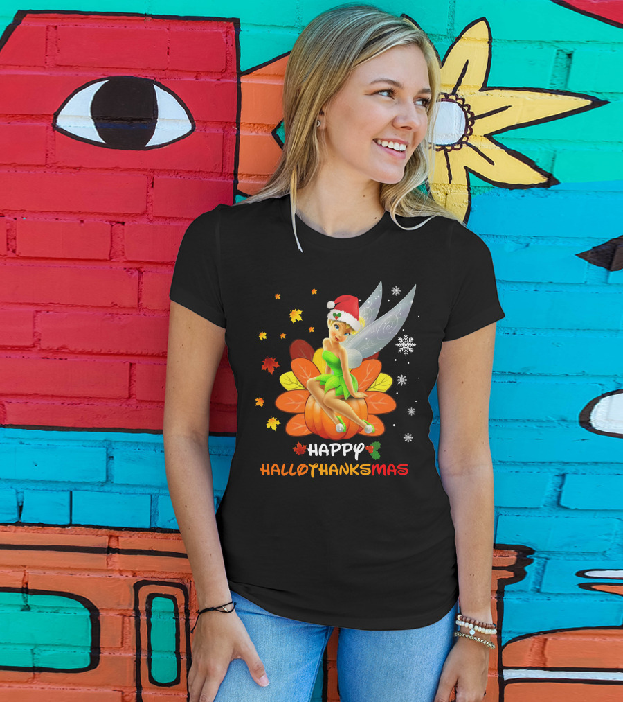 Tinkerbell Happy HalloThanksMas Pumpkin Santa Hat Snowflakes T-Shirt