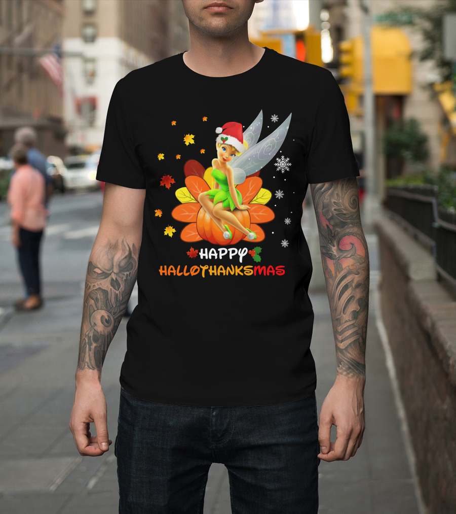 Tinkerbell Happy HalloThanksMas Pumpkin Santa Hat Snowflakes T-Shirt