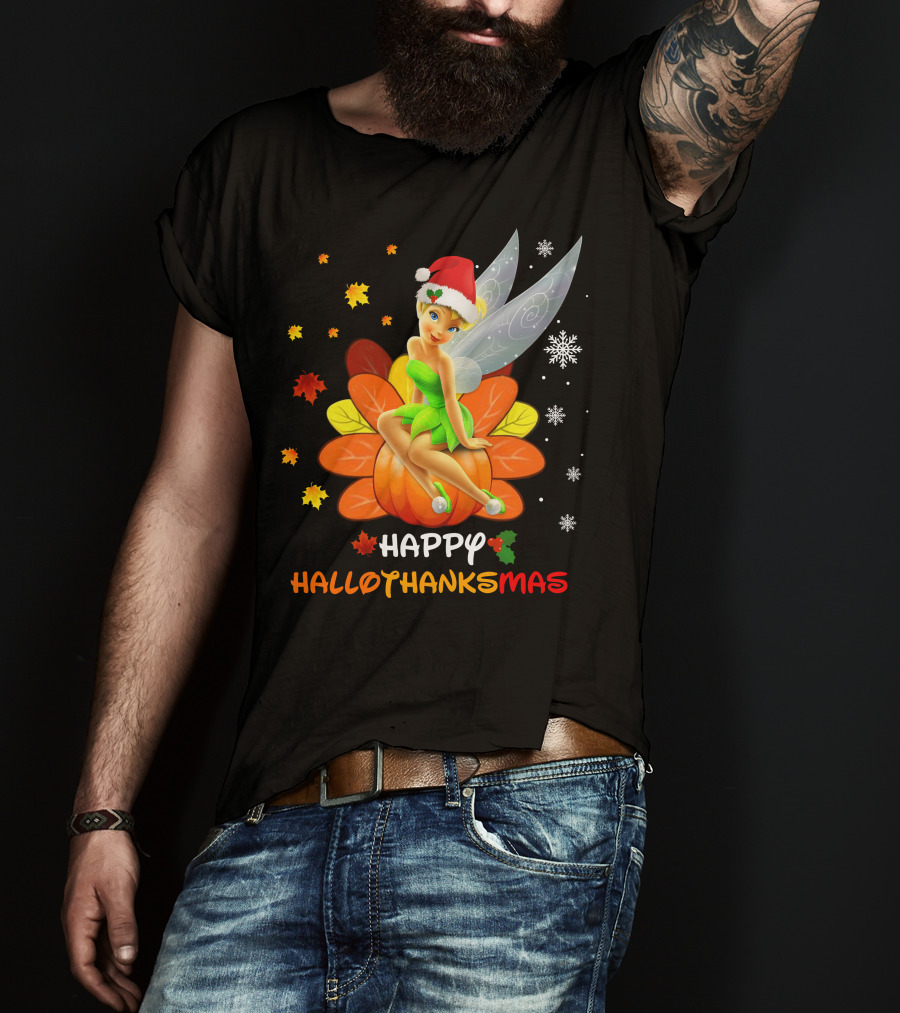 Tinkerbell Happy HalloThanksMas Pumpkin Santa Hat Snowflakes T-Shirt