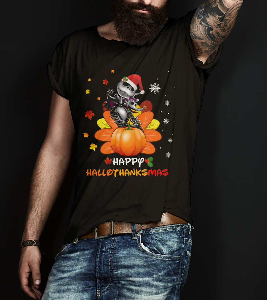 Happy HalloThanksMas Pumpkin Jack In Santa Hat With Snowflakes And Autumn Leaves T-Shirt