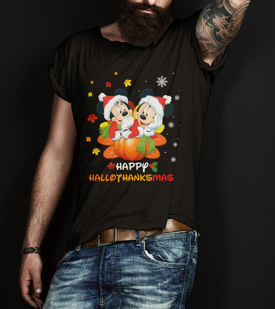 Mickey Happy HalloThanksMas Pumpkin Leaves Snowflakes T-Shirt