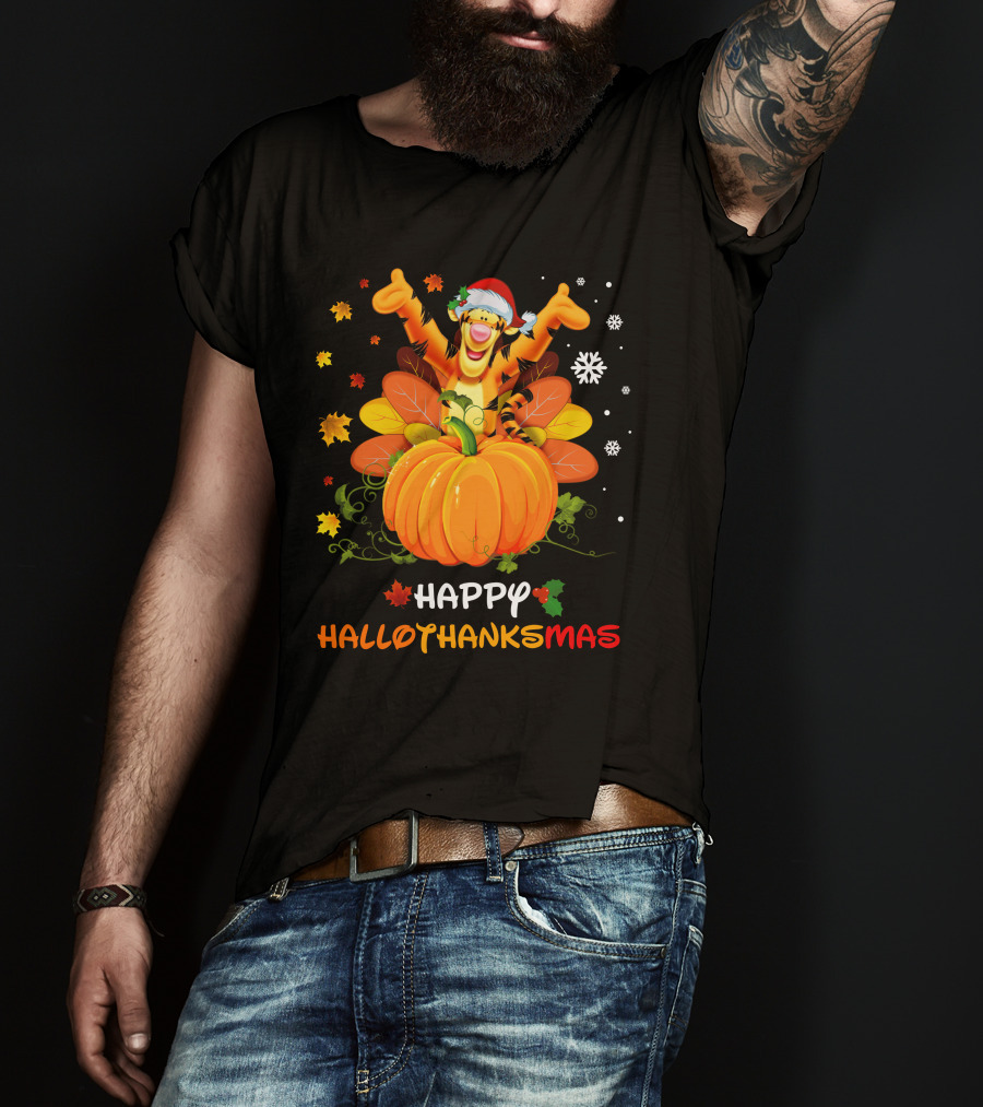 Happy Hallothanksmas Tigger Pumpkin Snowflakes Holiday T-Shirt
