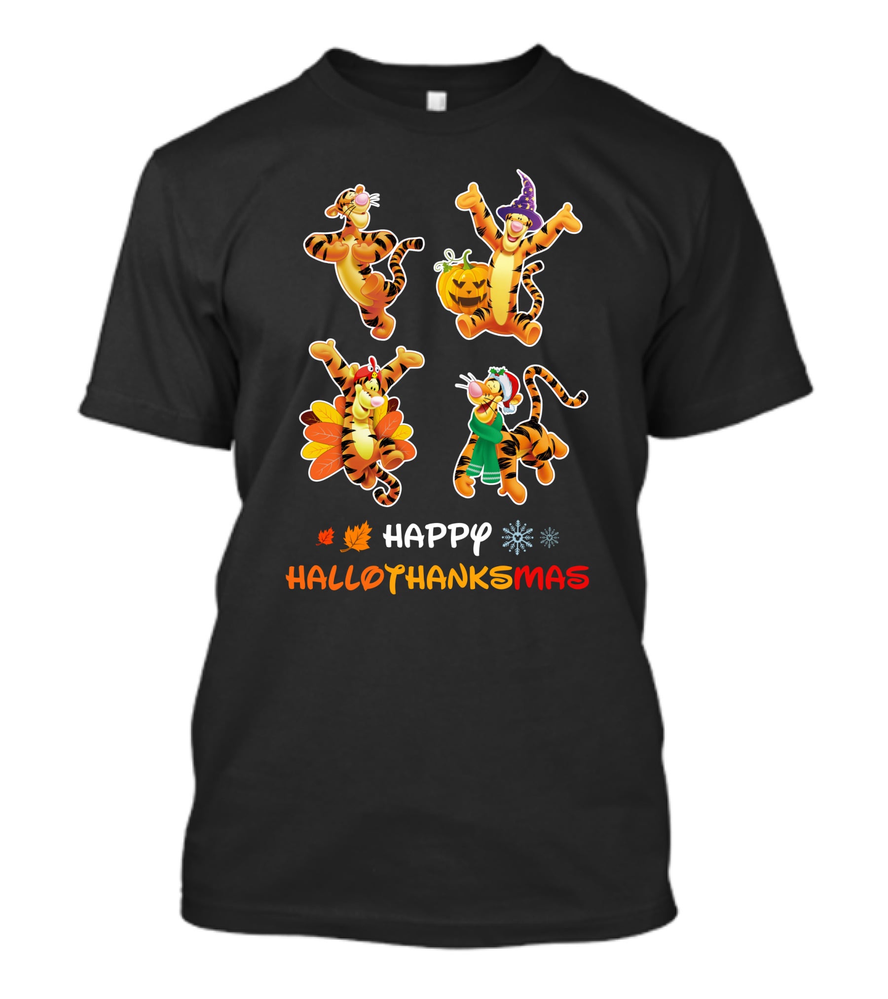 Happy Hallothanksmas Tigger Variations With Pumpkin Turkey And Holiday Outfits T-Shirt
