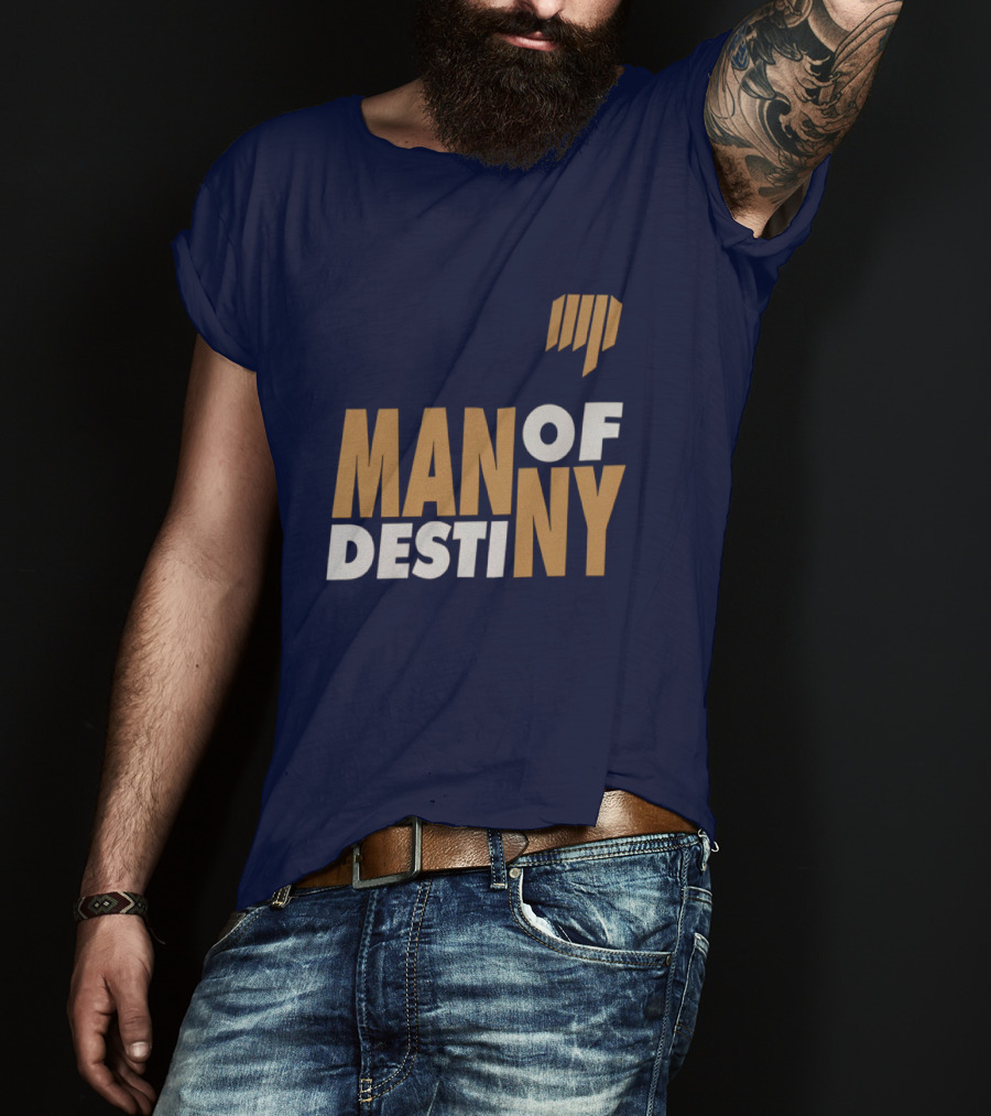 Man Of Destiny Blue And Gold Text With Vertical Stripe T-Shirt