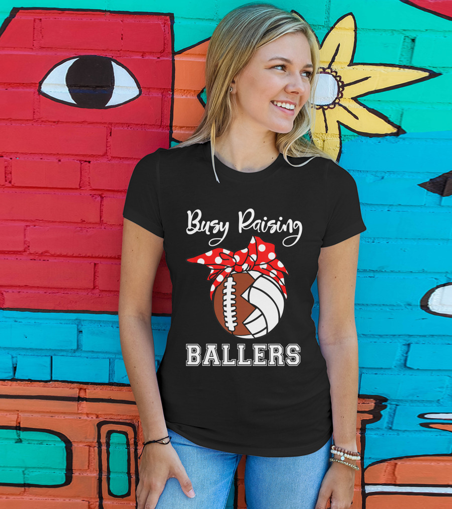 Busy Raising Ballers Football Volleyball Funny Polka Dot Bow T-Shirt