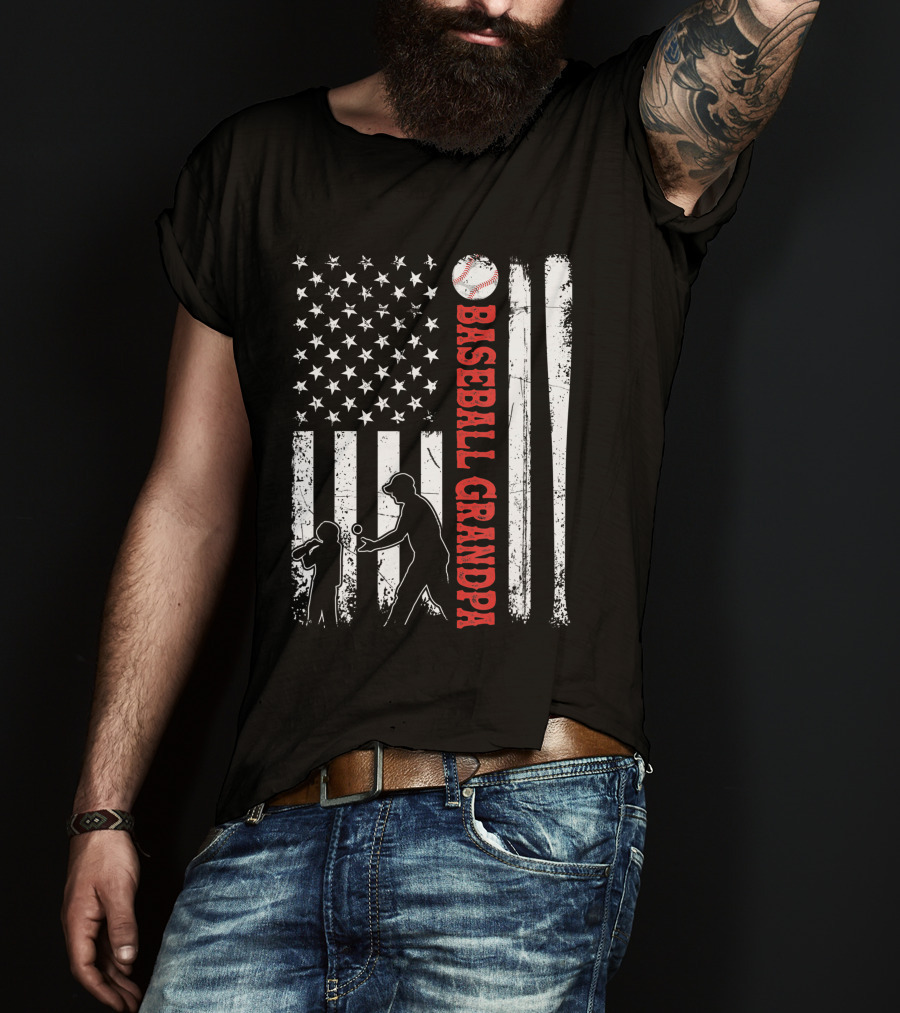Distressed USA American Flag Baseball Grandpa Silhouette With Bats And Ball T-Shirt