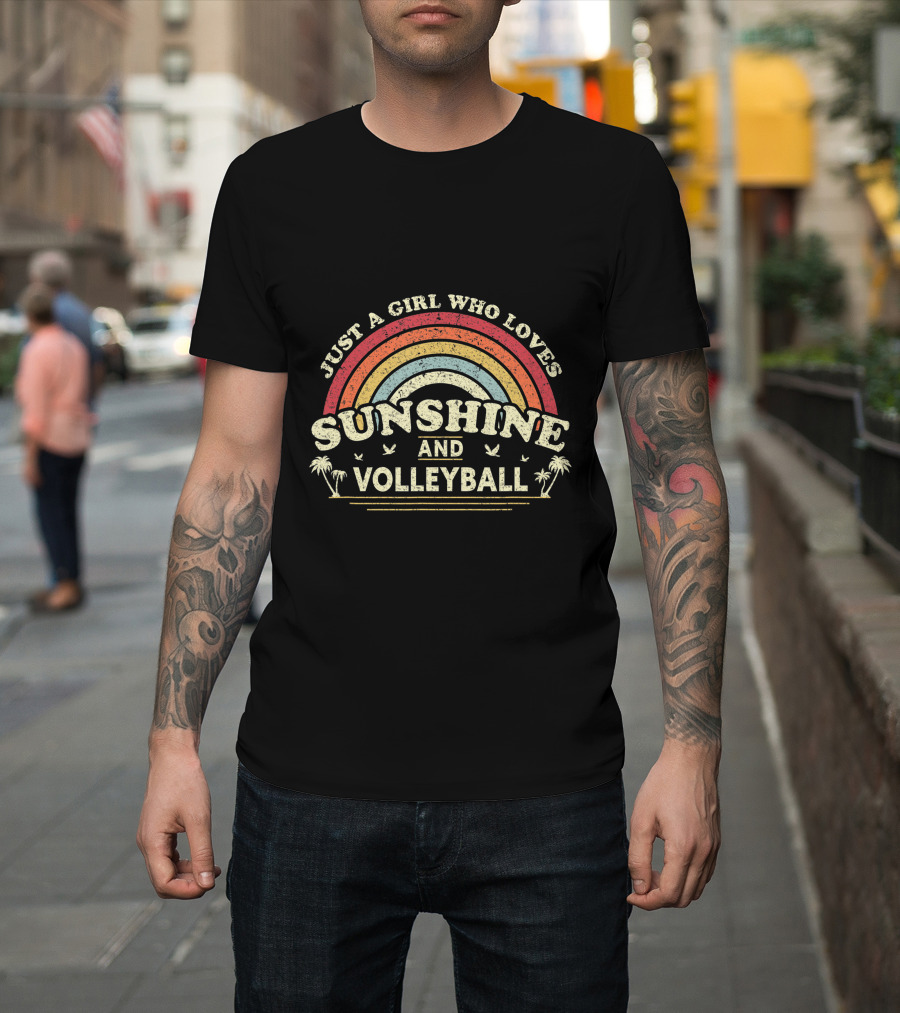 Just A Girl Who Loves Sunshine And Volleyball Rainbow Palm Trees Birds T-Shirt