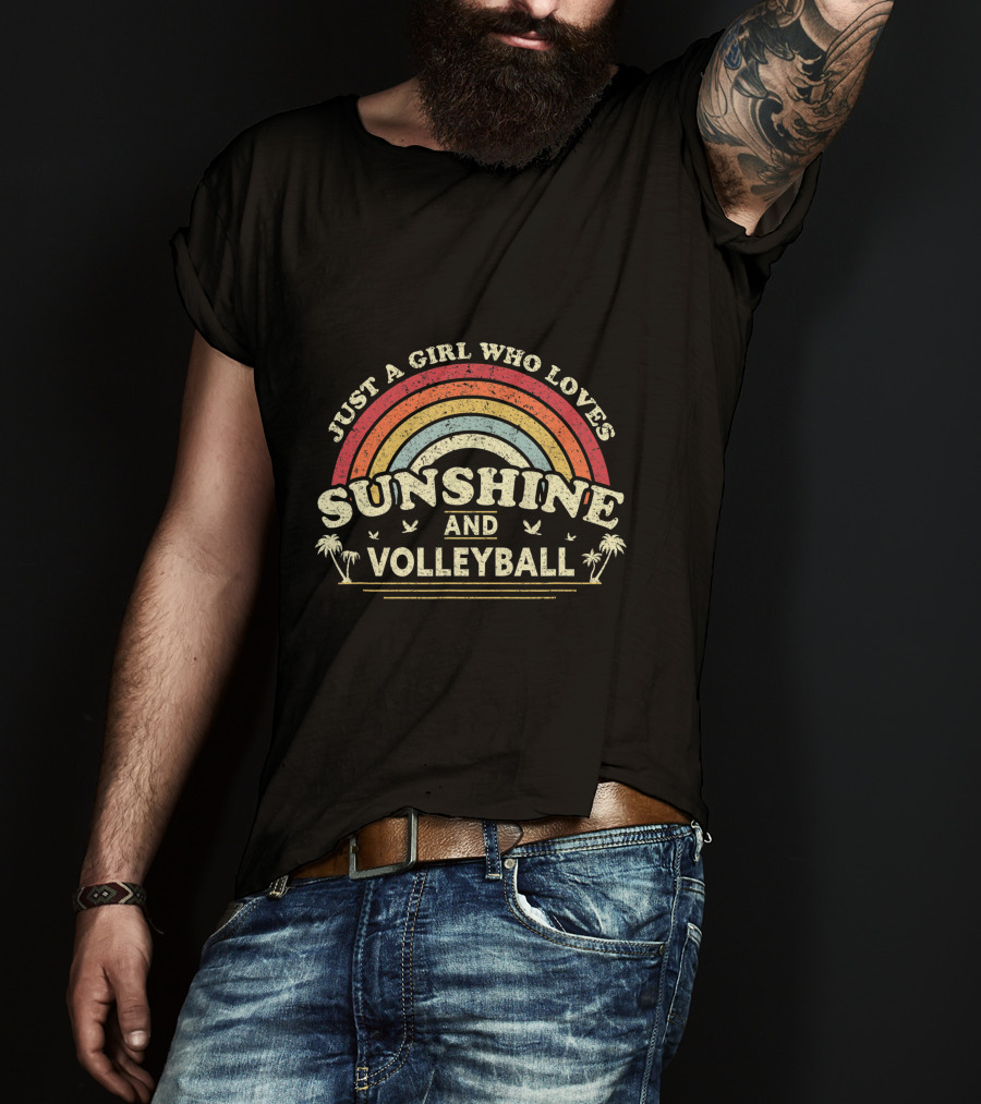 Just A Girl Who Loves Sunshine And Volleyball Rainbow Palm Trees Birds T-Shirt
