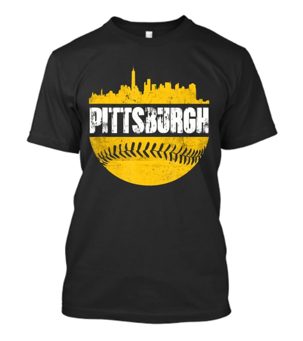 Pittsburgh Baseball Cityscape Distressed Look With Baseball Stitching T-Shirt
