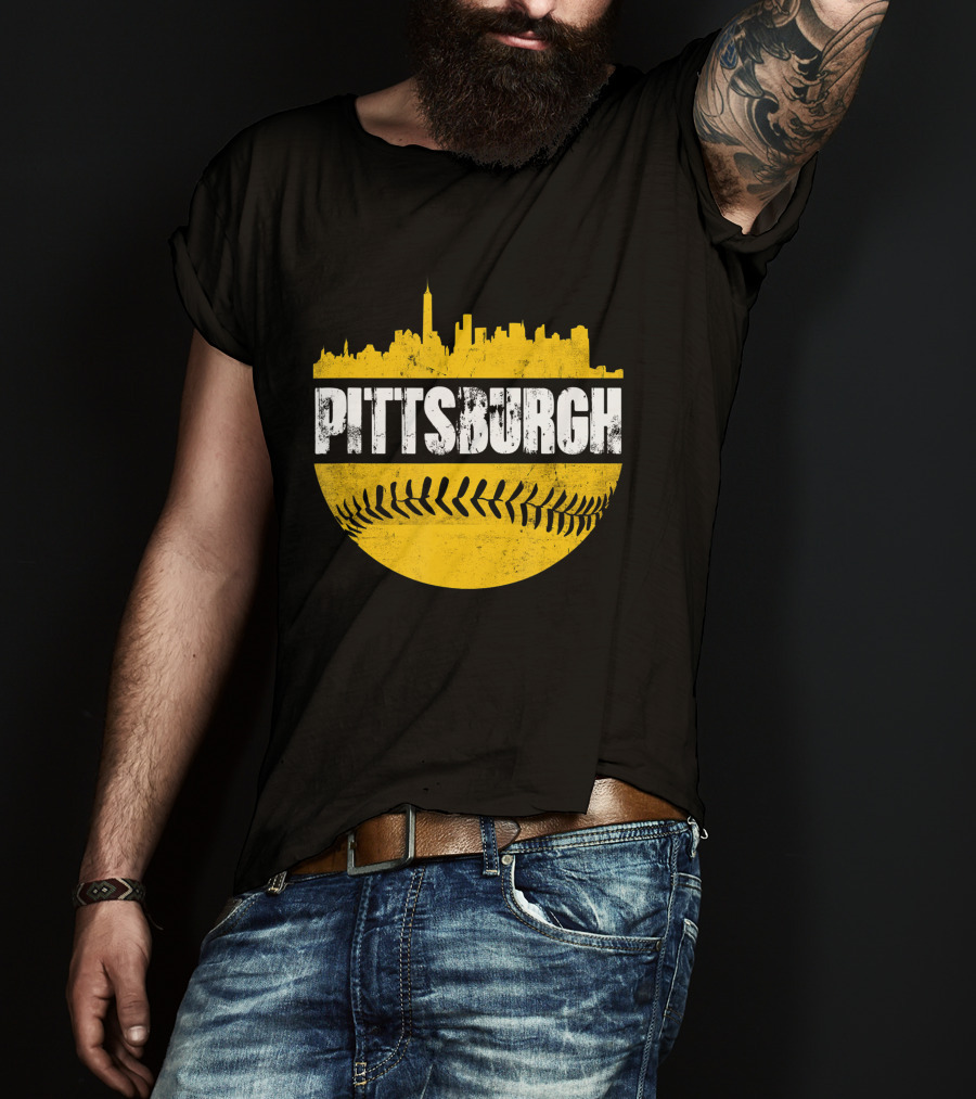 Pittsburgh Baseball Cityscape Distressed Look With Baseball Stitching T-Shirt