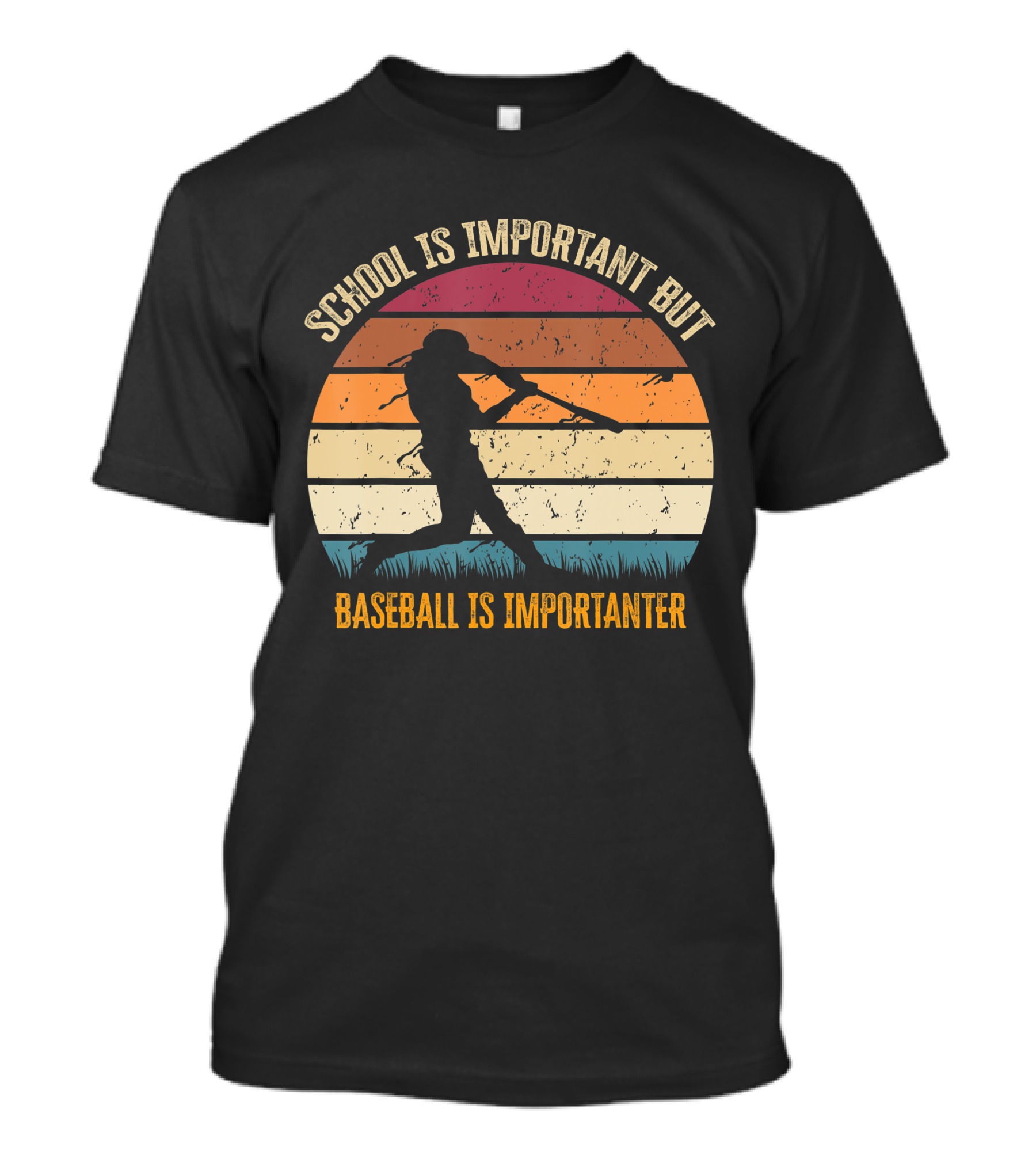 School Is Important But Baseball Is Importanter Retro Sunset Baseball Player T-Shirt