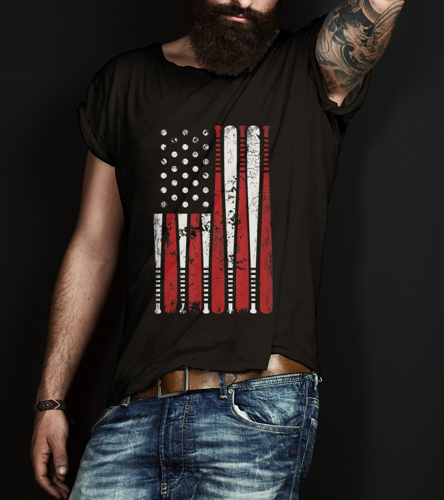 Vintage American Baseball Bat USA Flag T-Shirt