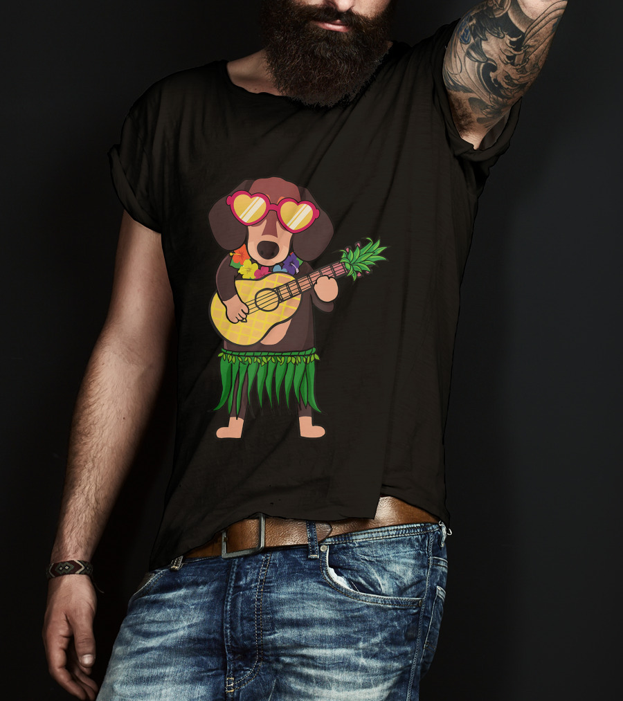Dachshund Hawaiian Ukulele Player In Summer Costume With Sunglasses T-Shirt