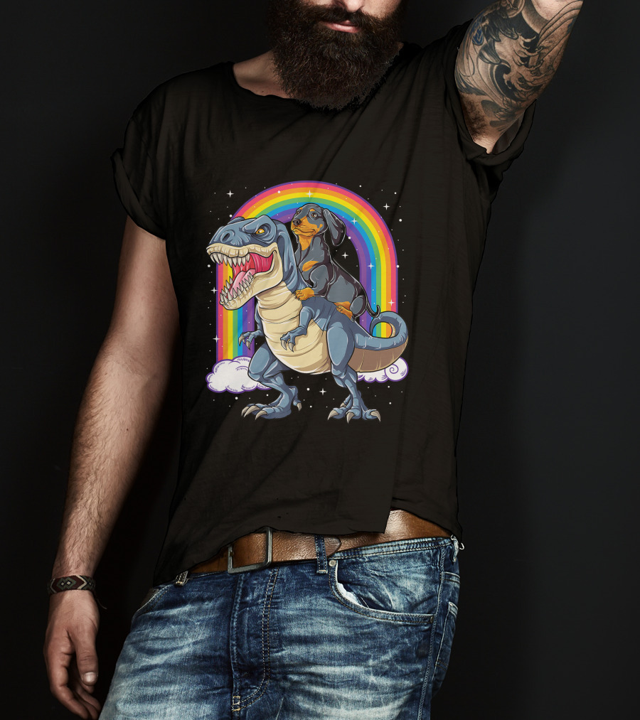 Dachshund Riding Dinosaur Rex T-Shirt