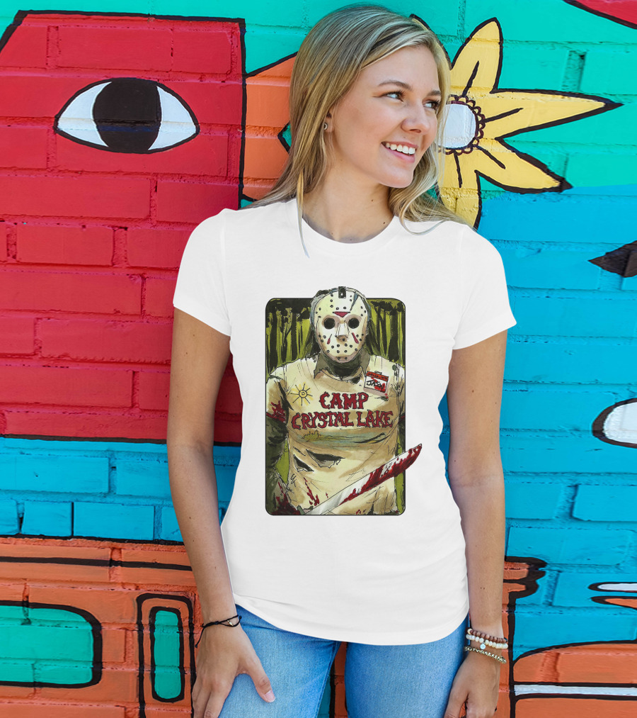 Jason Camp Crystal Lake Horror Mask Blood Stained Machete T-Shirt